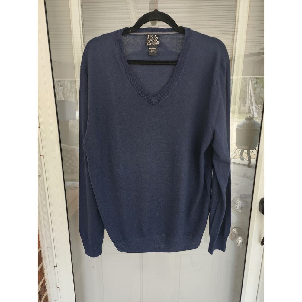 JOS A Bank Traveler Collection Large 100% Merino Wool Blue V-Neck Sweater